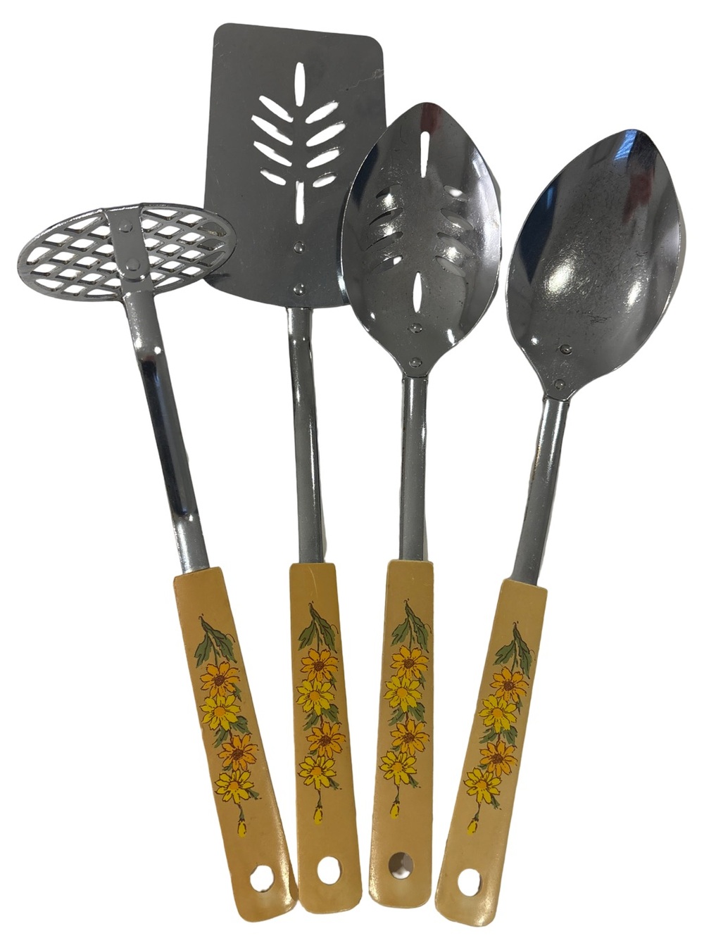 Vintage 1970s Country Garden Utensils Set - Spatula, Spoons, Masher - 4pc